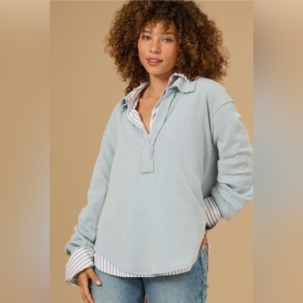 Altar'd State Sofia Ribbed Polo Top Long Sleeve Gray Size Medium Shirttail Hem